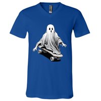 Ghost Skateboard Funny Skateboarding Lazy Halloween Costume Funny Gift V-Neck T-Shirt