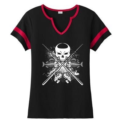 Grunge Skull Fish Bone Fishing Ladies Halftime Notch Neck Tee