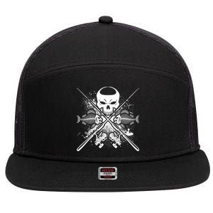 Grunge Skull Fish Bone Fishing 7 Panel Mesh Trucker Snapback Hat