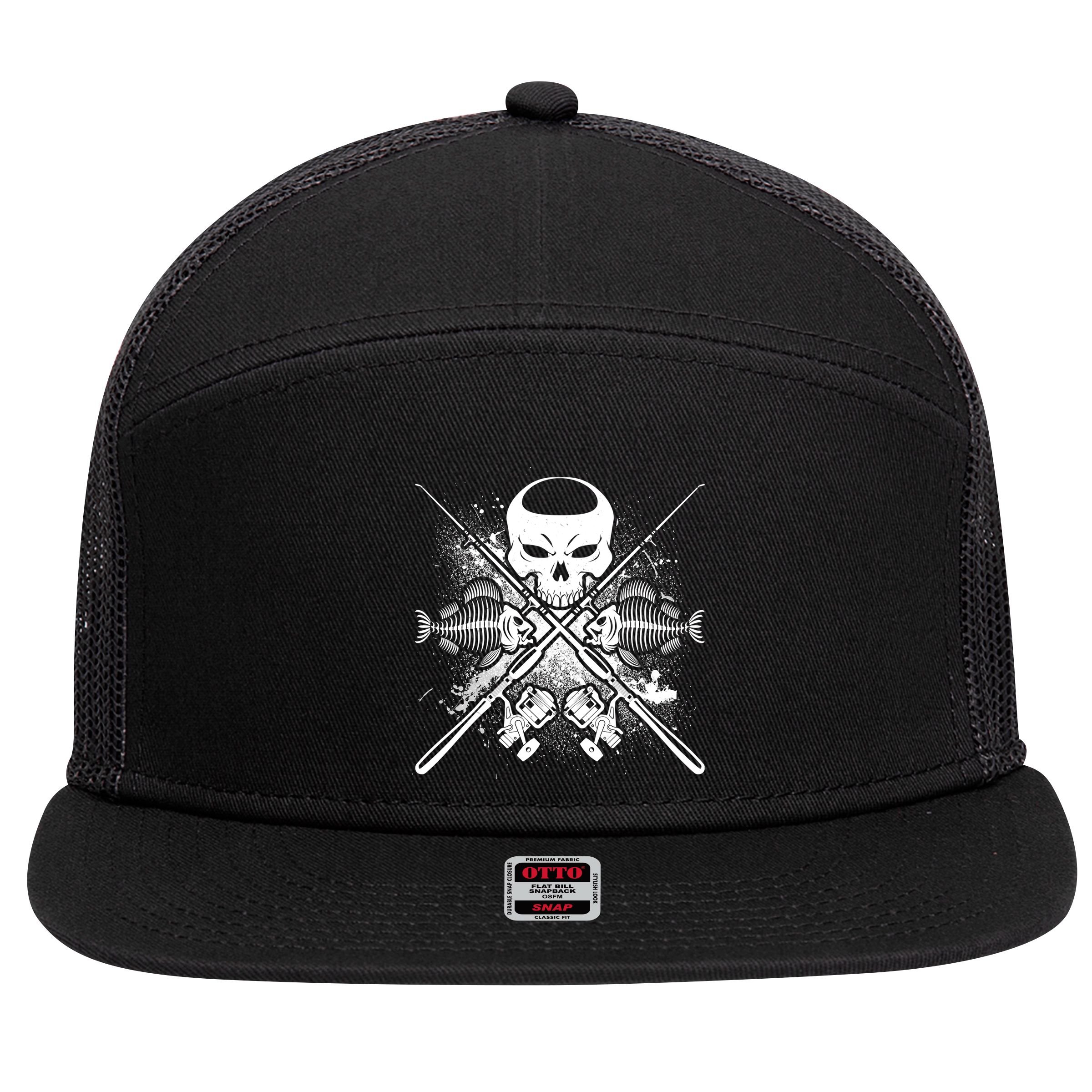 Grunge Skull Fish Bone Fishing 7 Panel Mesh Trucker Snapback Hat
