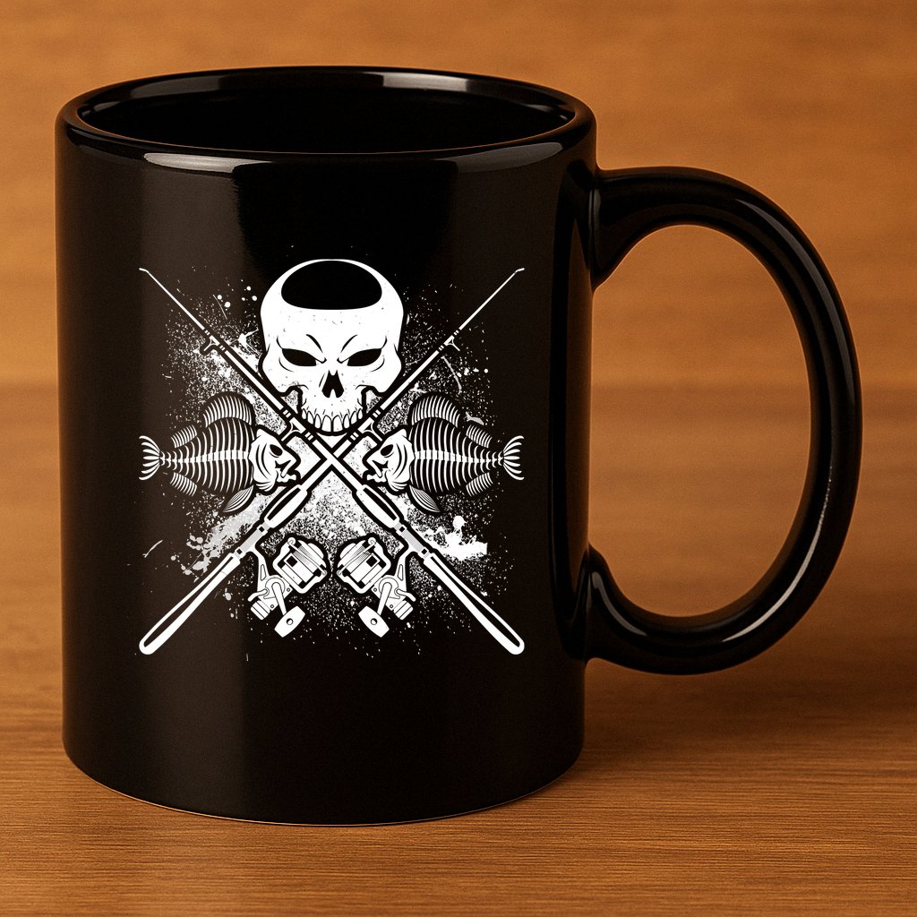 Grunge Skull Fish Bone Fishing 11oz C Handle Ceramic Mug