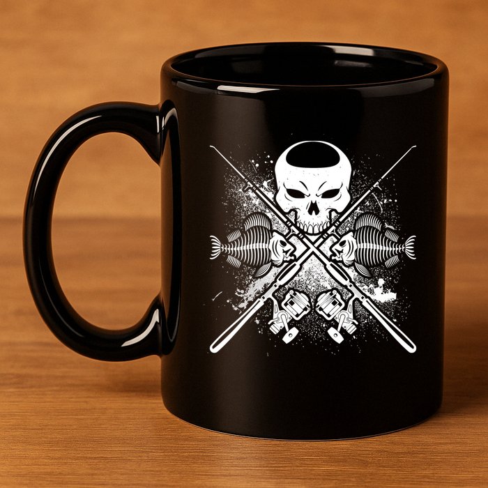 Grunge Skull Fish Bone Fishing 11oz C Handle Ceramic Mug
