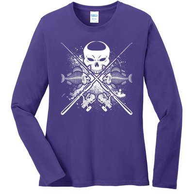 Grunge Skull Fish Bone Fishing Ladies Long Sleeve Shirt