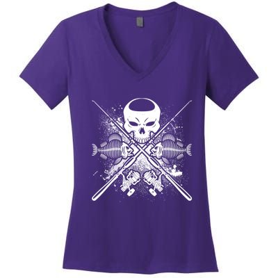 Grunge Skull Fish Bone Fishing Women's V-Neck T-Shirt