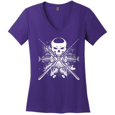 Grunge Skull Fish Bone Fishing Women's V-Neck T-Shirt