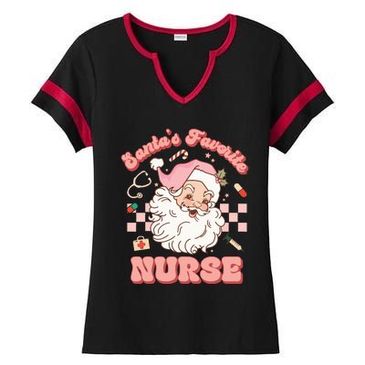 Groovy Santa's Favorite Nurse Christmas RN ER ICU  Ladies Halftime Notch Neck Tee