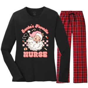 Groovy Santa's Favorite Nurse Christmas RN ER ICU  Women's Long Sleeve Flannel Pajama Set 