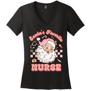 Groovy Santa's Favorite Nurse Christmas RN ER ICU  Women's V-Neck T-Shirt