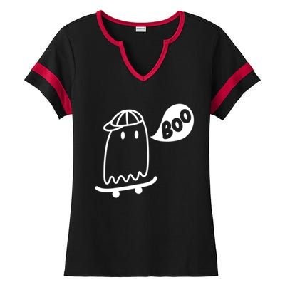 Ghost Skateboard Funny Halloween Costume Boo Squad Gift Ladies Halftime Notch Neck Tee