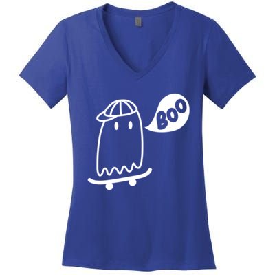 Ghost Skateboard Funny Halloween Costume Boo Squad Gift Women's V-Neck T-Shirt