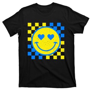 Groovy Smile Face Down Syndrome Awareness Retro Checkered T-Shirt