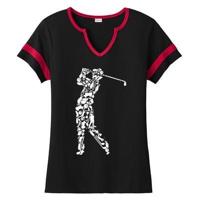 Golfer silhouette filled with golf things Ladies Halftime Notch Neck Tee