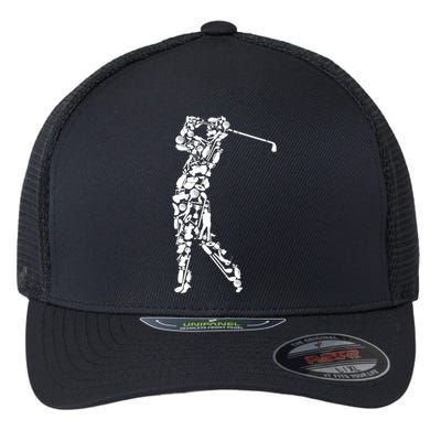 Golfer silhouette filled with golf things Flexfit Unipanel Trucker Cap