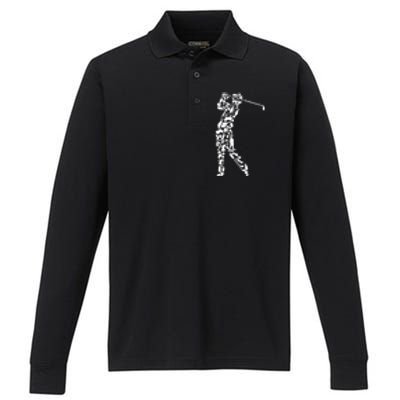 Golfer silhouette filled with golf things Performance Long Sleeve Polo