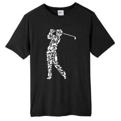 Golfer silhouette filled with golf things Tall Fusion ChromaSoft Performance T-Shirt