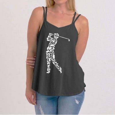 Golfer silhouette filled with golf things Women's Strappy Tank