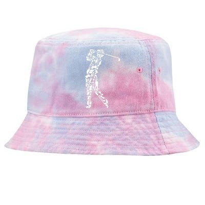 Golfer silhouette filled with golf things Tie-Dyed Bucket Hat