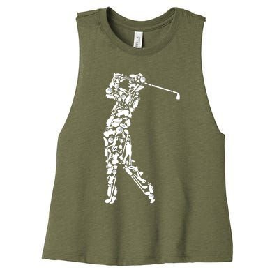 Golfer silhouette filled with golf things Women's Racerback Cropped Tank