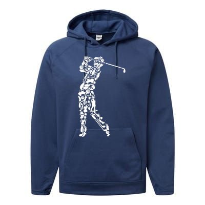 Golfer silhouette filled with golf things Performance Fleece Hoodie