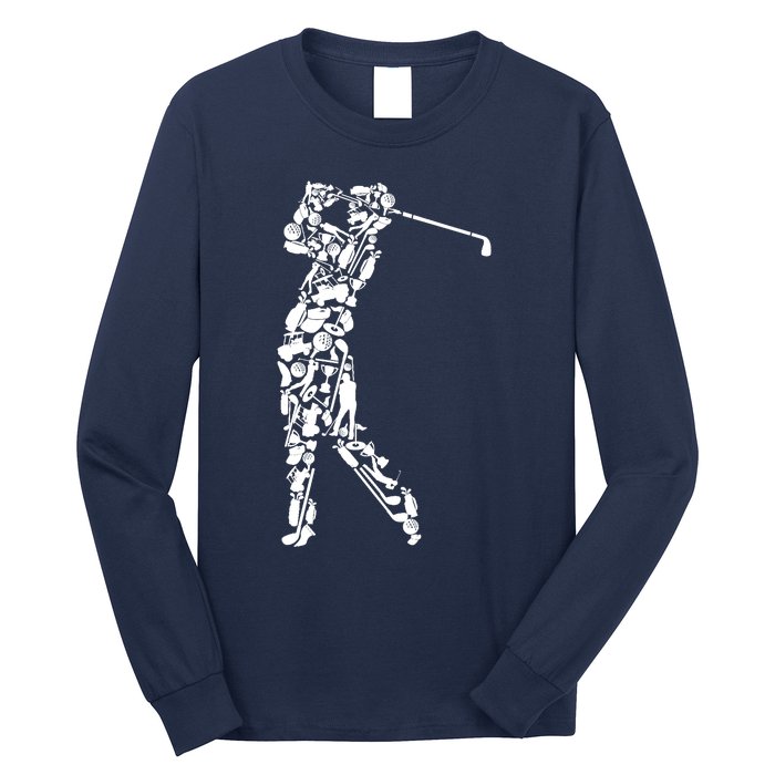 Golfer silhouette filled with golf things Long Sleeve Shirt