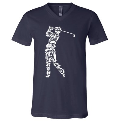 Golfer silhouette filled with golf things V-Neck T-Shirt