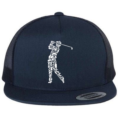 Golfer silhouette filled with golf things Flat Bill Trucker Hat