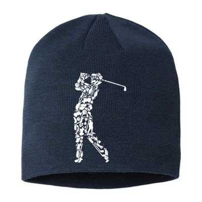 Golfer silhouette filled with golf things Sustainable Beanie