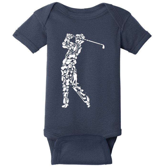 Golfer silhouette filled with golf things Baby Bodysuit