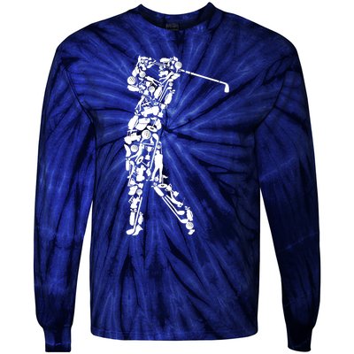 Golfer silhouette filled with golf things Tie-Dye Long Sleeve Shirt