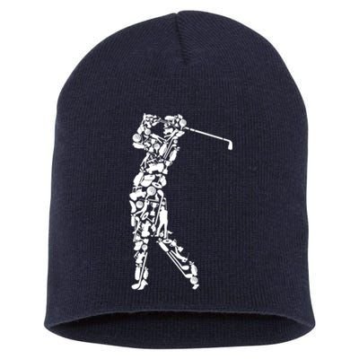 Golfer silhouette filled with golf things Short Acrylic Beanie