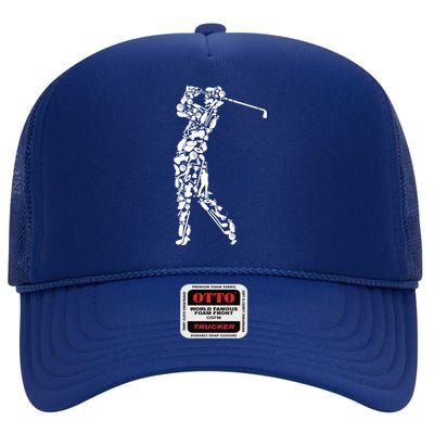 Golfer silhouette filled with golf things High Crown Mesh Back Trucker Hat