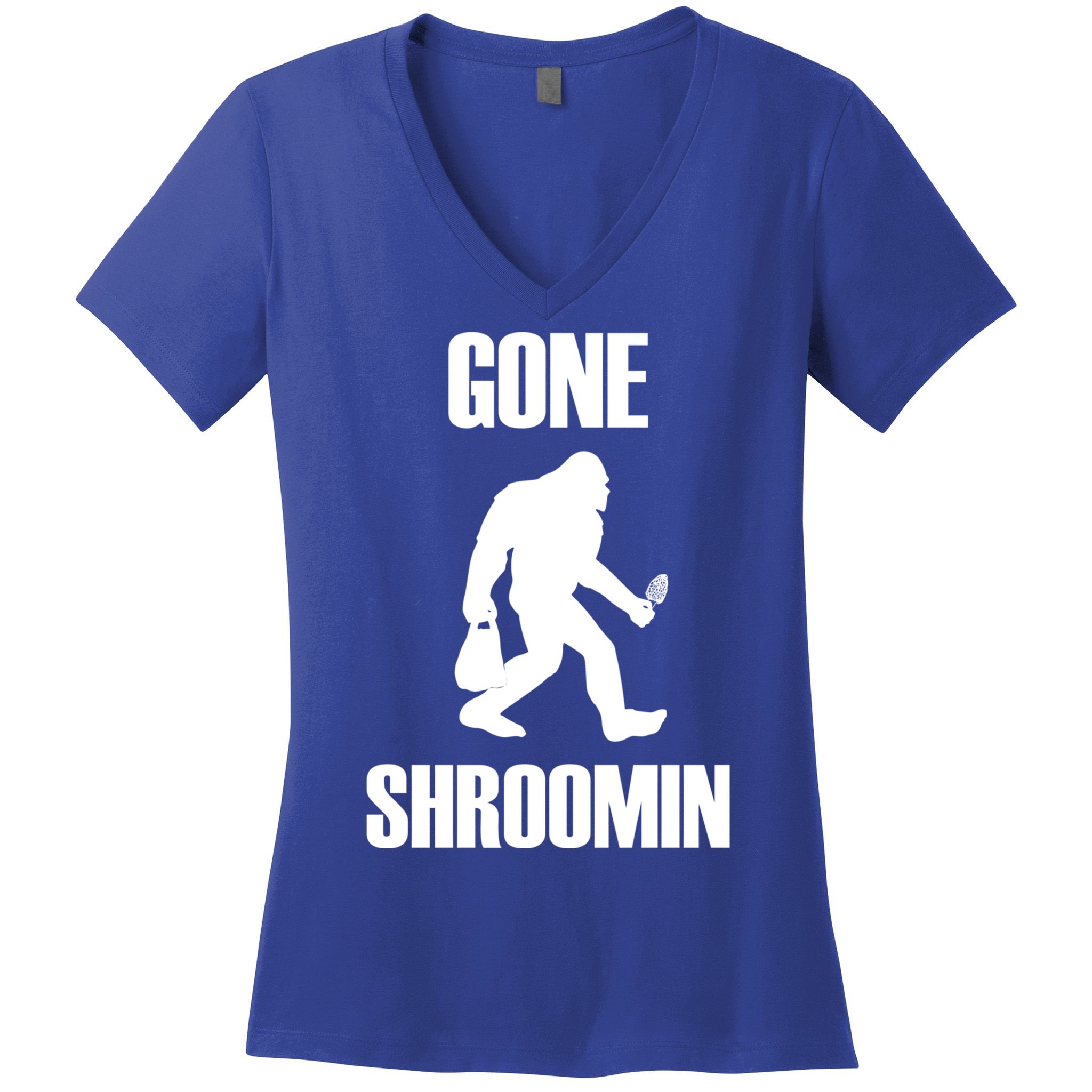 Gone Shroomin Funny Sasquatch Morel Mushroom Hunter Foraging Gift Women's V-Neck T-Shirt
