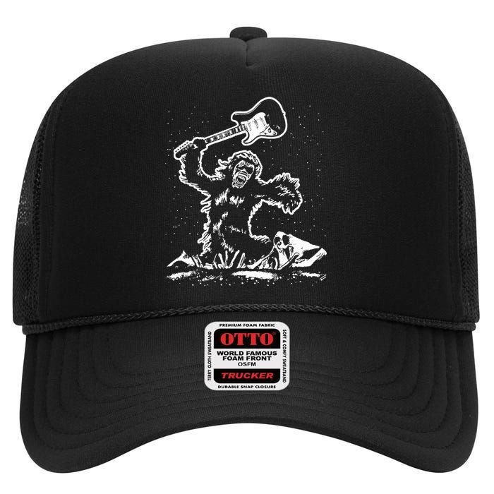 Guitar Smash Funny Bigfoot Sasquatch High Crown Mesh Back Trucker Hat