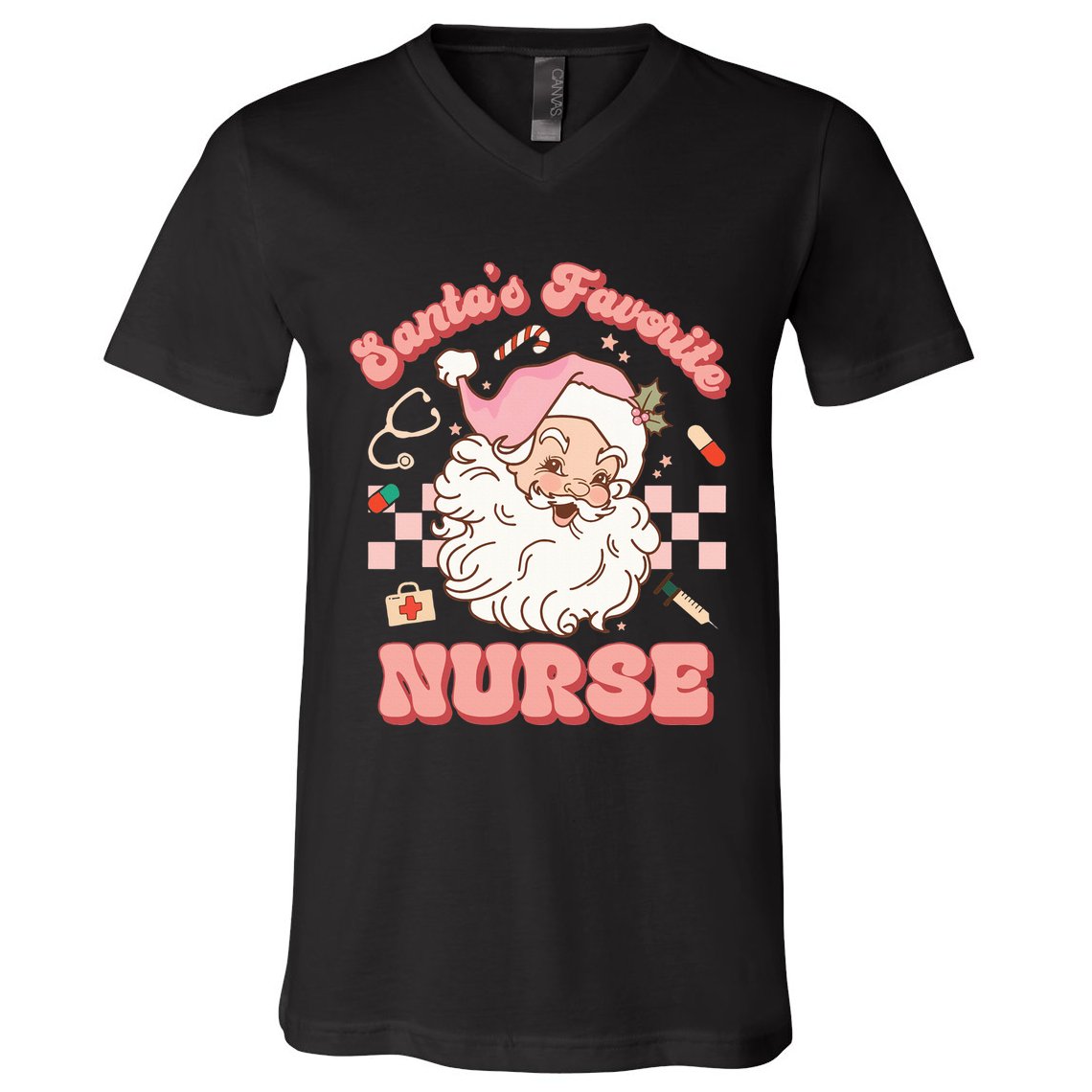  Groovy Santa's Favorite Nurse xmas RN ER ICU  V-Neck T-Shirt