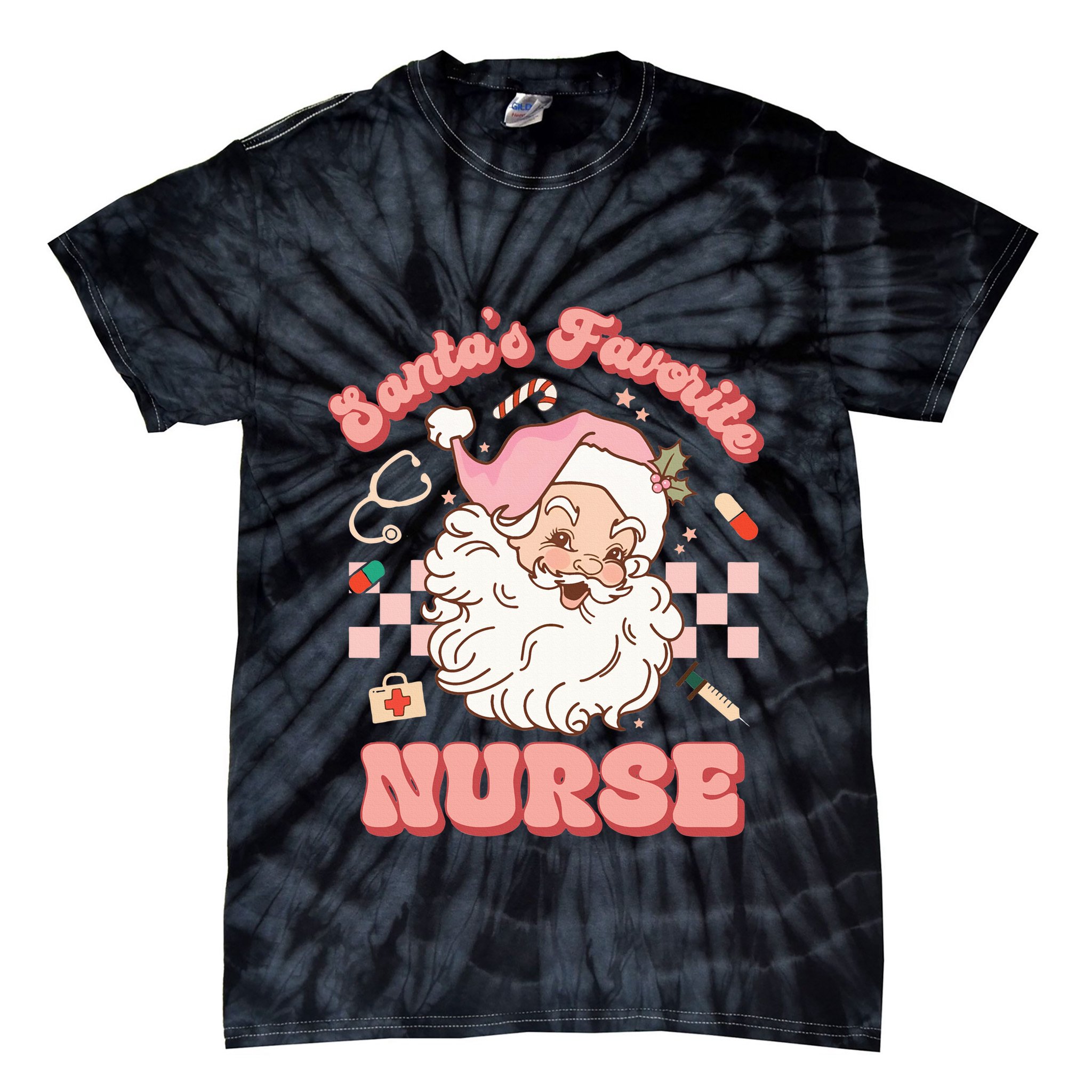  Groovy Santa's Favorite Nurse xmas RN ER ICU  Tie-Dye T-Shirt