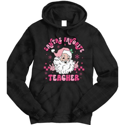 Groovy Santa's Favorite Teacher Pink Santa Christmas Teacher Tie Dye Hoodie