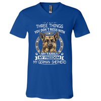 Ger Shepherd Funny Gift Funny Gift Three Things You Don't Mess Funny Gift V-Neck T-Shirt