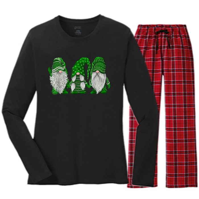 Green Sweater Gnome St Patrick's Day Irish Gnome Women's Long Sleeve Flannel Pajama Set 