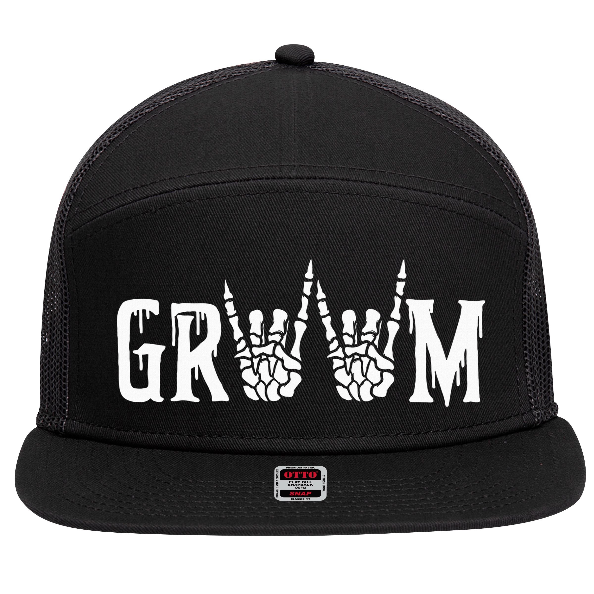 Gothic Skeleton Groom Wedding Just Married Spooky Halloween 7 Panel Mesh Trucker Snapback Hat