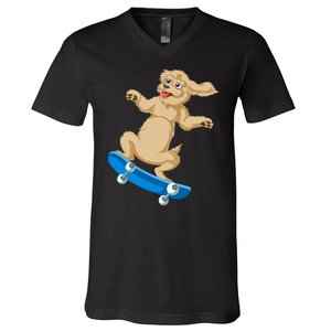 Goldendoodle Skateboarding V-Neck T-Shirt