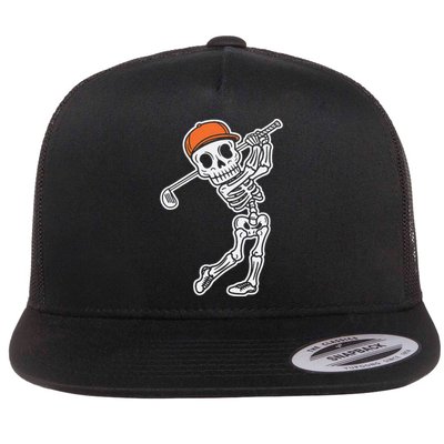 Golfer Skeleton Golf Halloween Sport Skeletons Flat Bill Trucker Hat