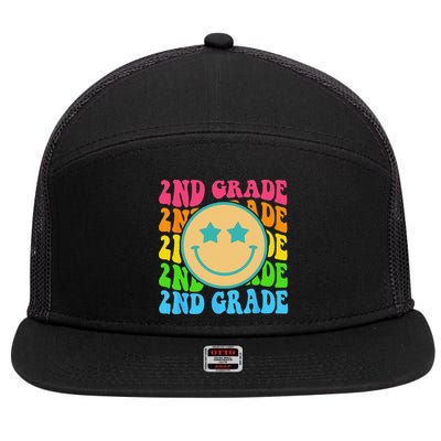 Groovy Second Grade Vibes Face Retro Teachers Back To School 7 Panel Mesh Trucker Snapback Hat