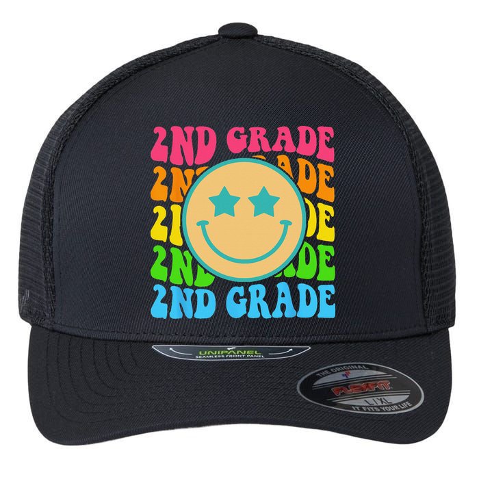 Groovy Second Grade Vibes Face Retro Teachers Back To School Flexfit Unipanel Trucker Cap