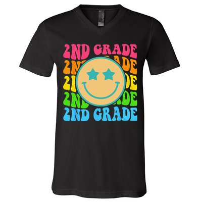 Groovy Second Grade Vibes Face Retro Teachers Back To School V-Neck T-Shirt