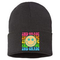 Groovy Second Grade Vibes Face Retro Teachers Back To School Sustainable Knit Beanie