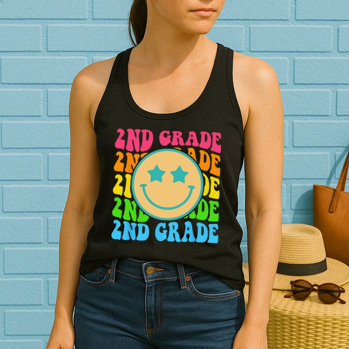 Groovy Second Grade Vibes Face Retro Teachers Back To School Womens Tank Top