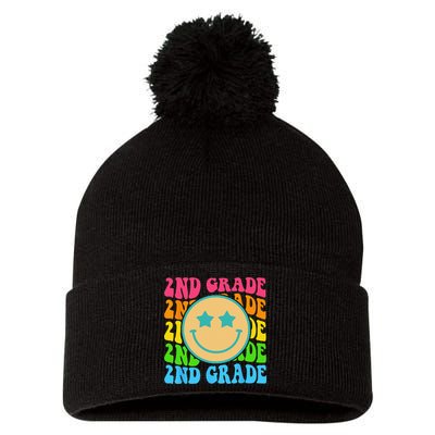 Groovy Second Grade Vibes Face Retro Teachers Back To School Pom Pom 12in Knit Beanie
