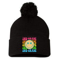 Groovy Second Grade Vibes Face Retro Teachers Back To School Pom Pom 12in Knit Beanie