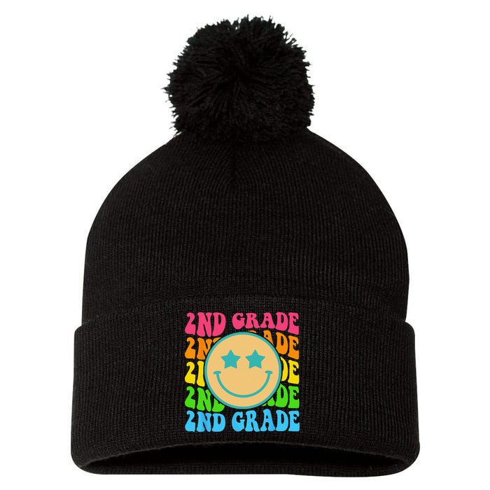 Groovy Second Grade Vibes Face Retro Teachers Back To School Pom Pom 12in Knit Beanie