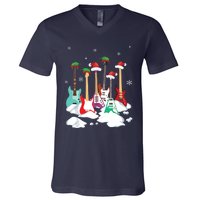 Guitar Santa Hat Christmas Tree Funny Music Loves Xmas V-Neck T-Shirt